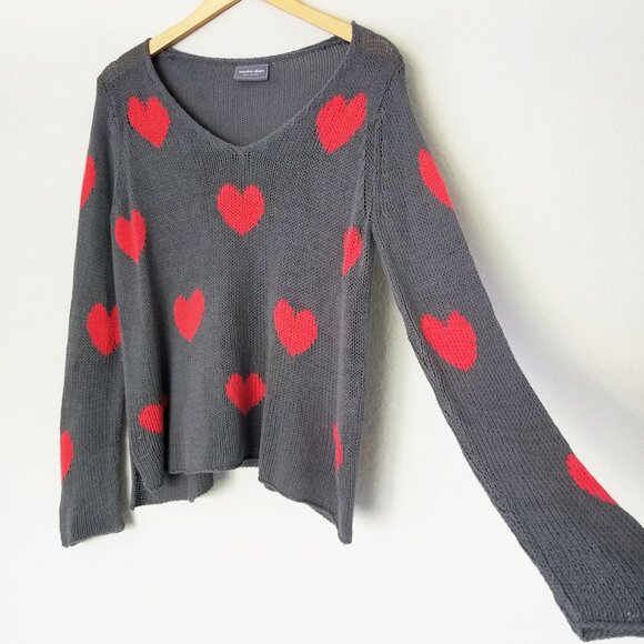 Wooden Ships Besotted Hearts V Neck Sweater Pullover Knitted Gray Red Size XS/S - Picture 16 of 16